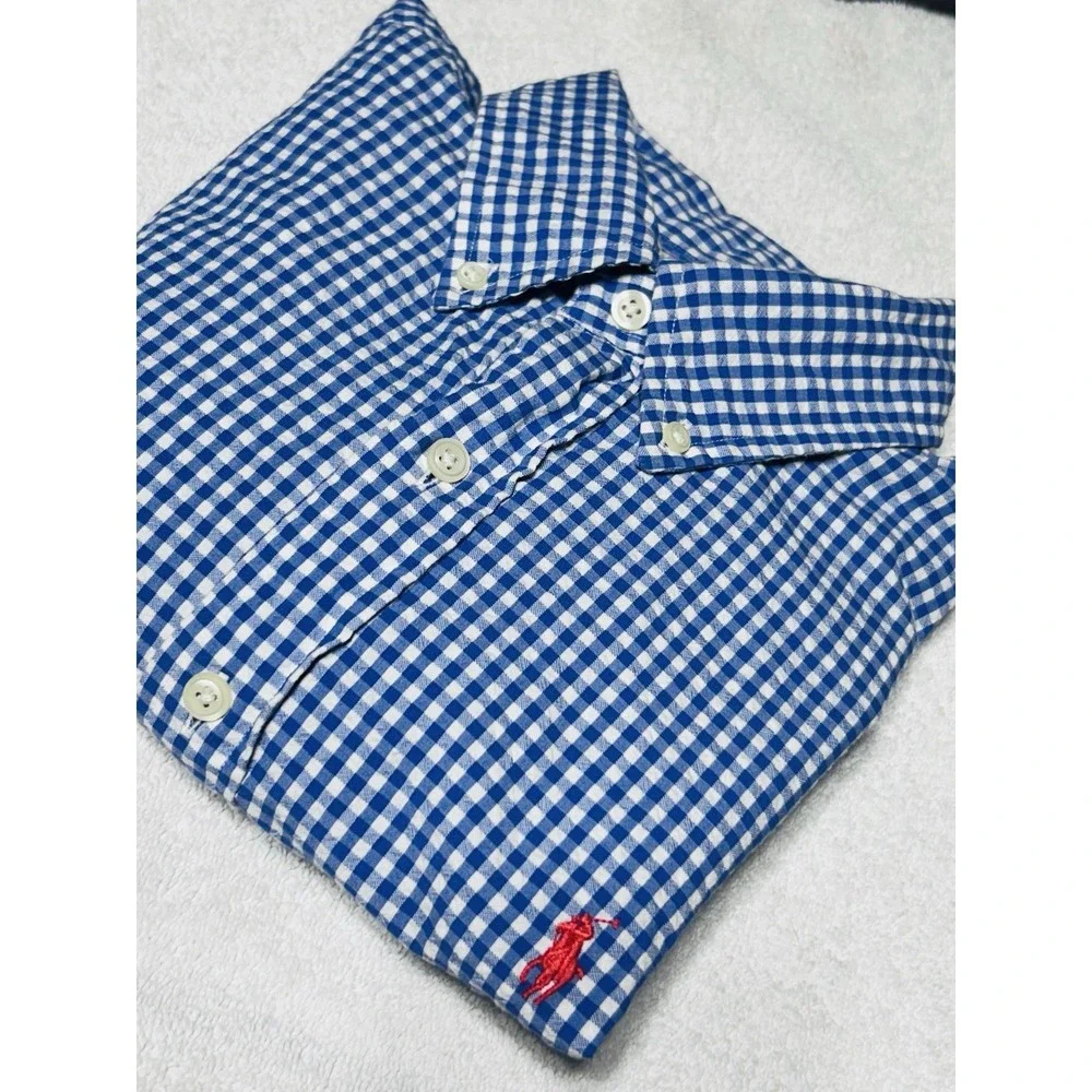 Ralph Lauren Men's M Blue White Cotton Gingham Seersucker Short Sleeve Perfect